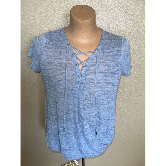 Juicy Couture Womens Size Large Short Sleeve Lace Up Faux Wrap Burnout Top Blue - Picture 8 of 10